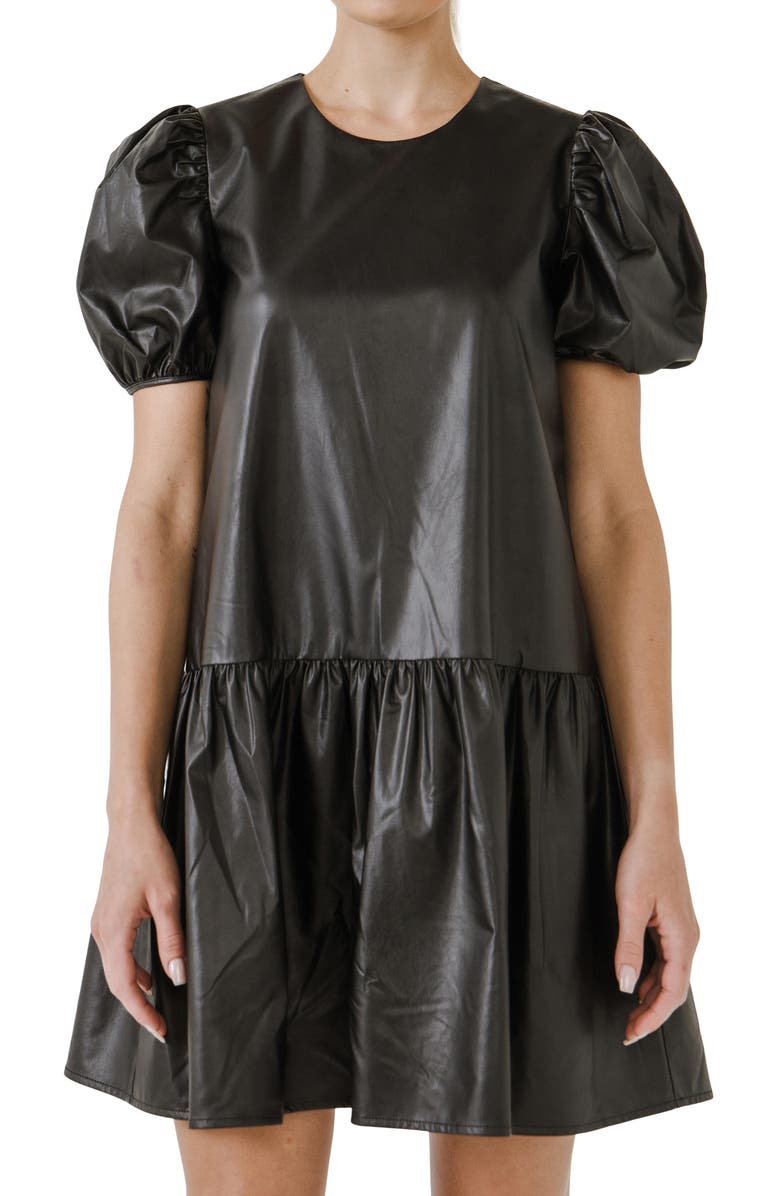 English Factory Puff Sleeve Faux Leather Minidress, Alternate, color, 