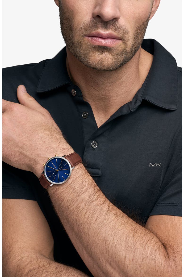 Blake Multifunction Leather Strap Watch, 42mm, Alternate, color, SILVER