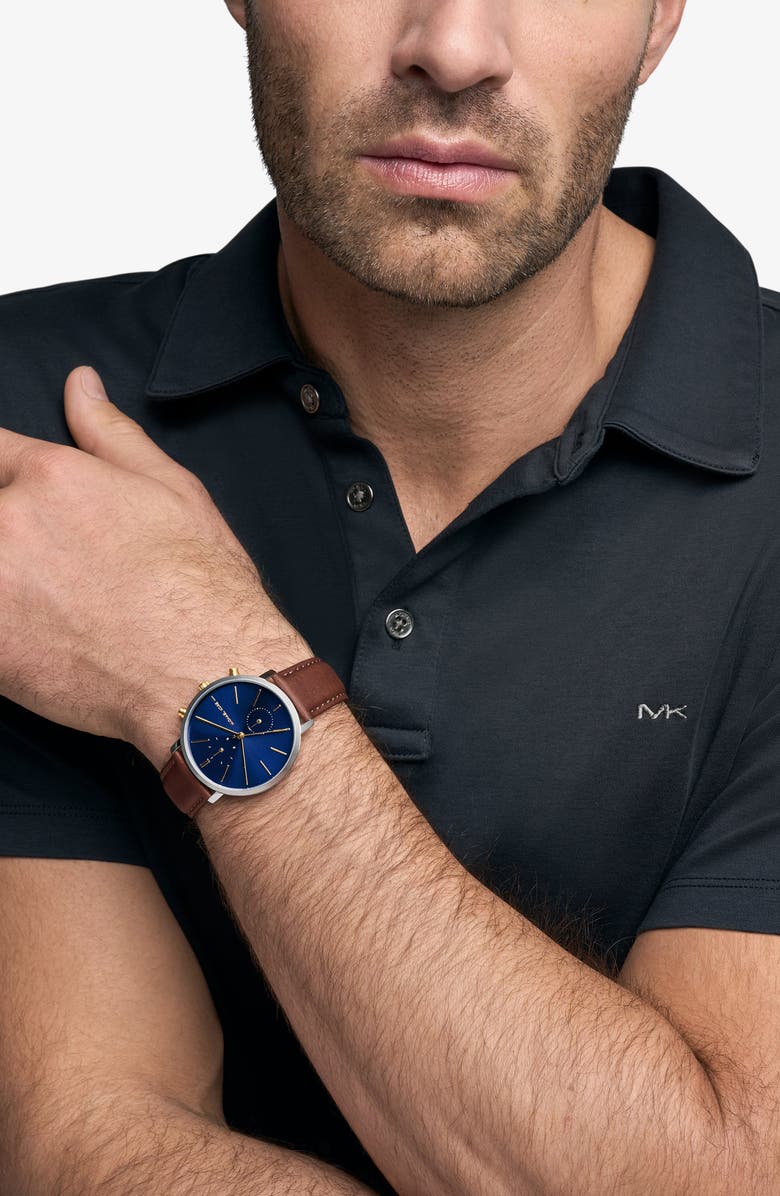 Michael Kors Blake Multifunction Leather Strap Watch, 42mm, Alternate, color, Silver/ Blue