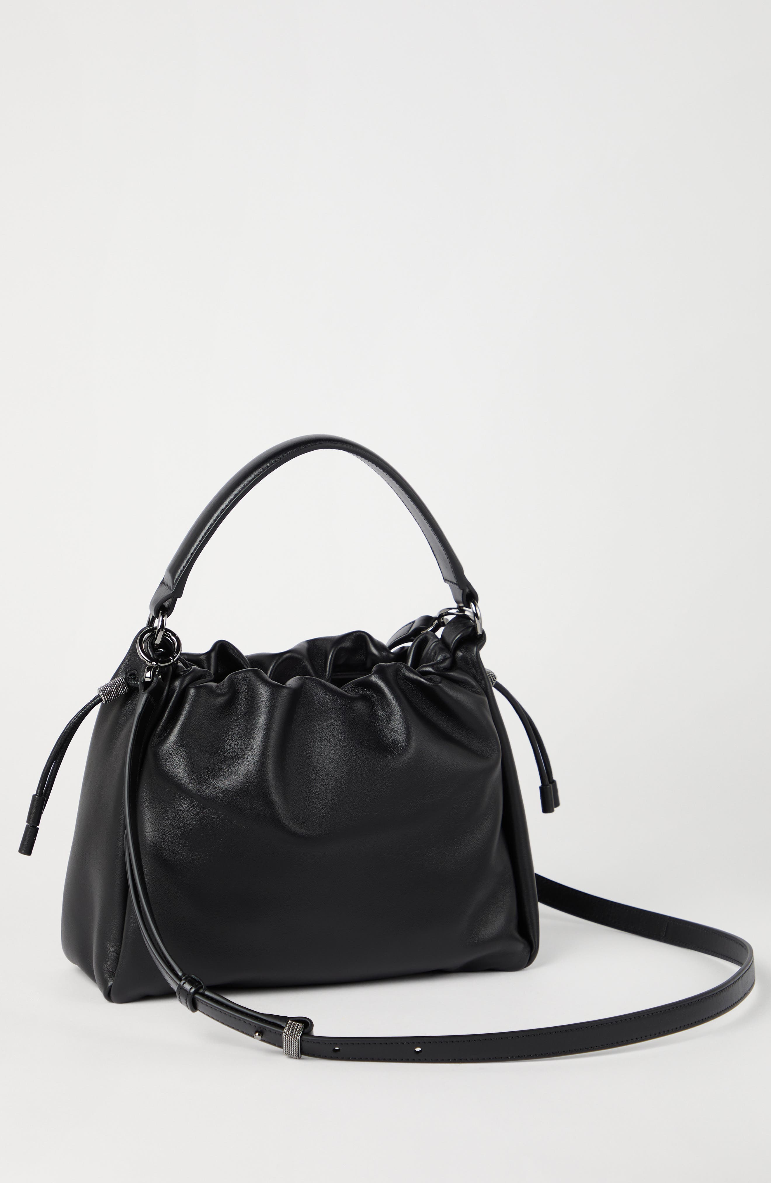 Brunello Cucinelli Small Soft Leather Mellow Bucket bag, Alternate, color, Black