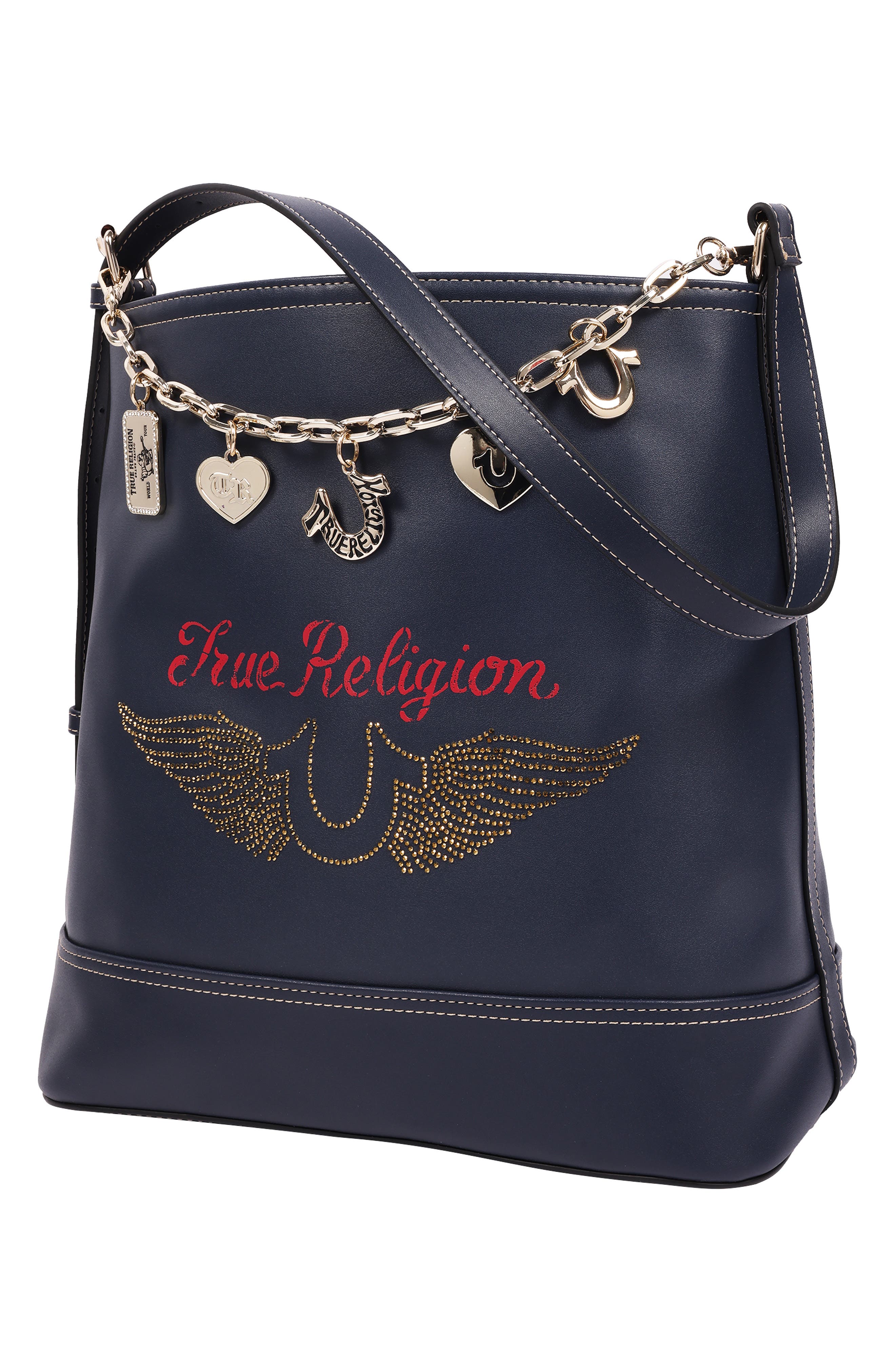Chain Moto Faux Leather Bucket Bag & Pouch Set, Alternate, color, NAVY