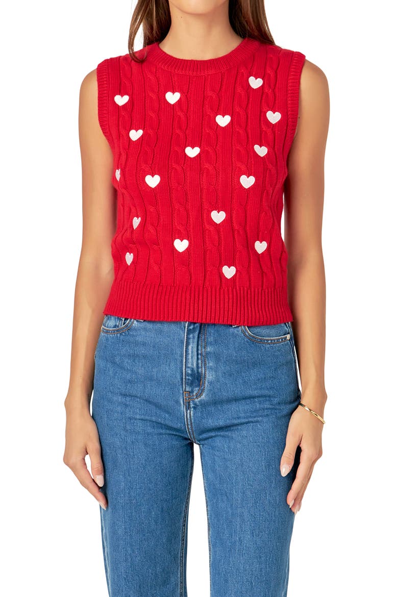 Heart Embroidered Sleeveless Cable Sweater, Alternate, color, RED