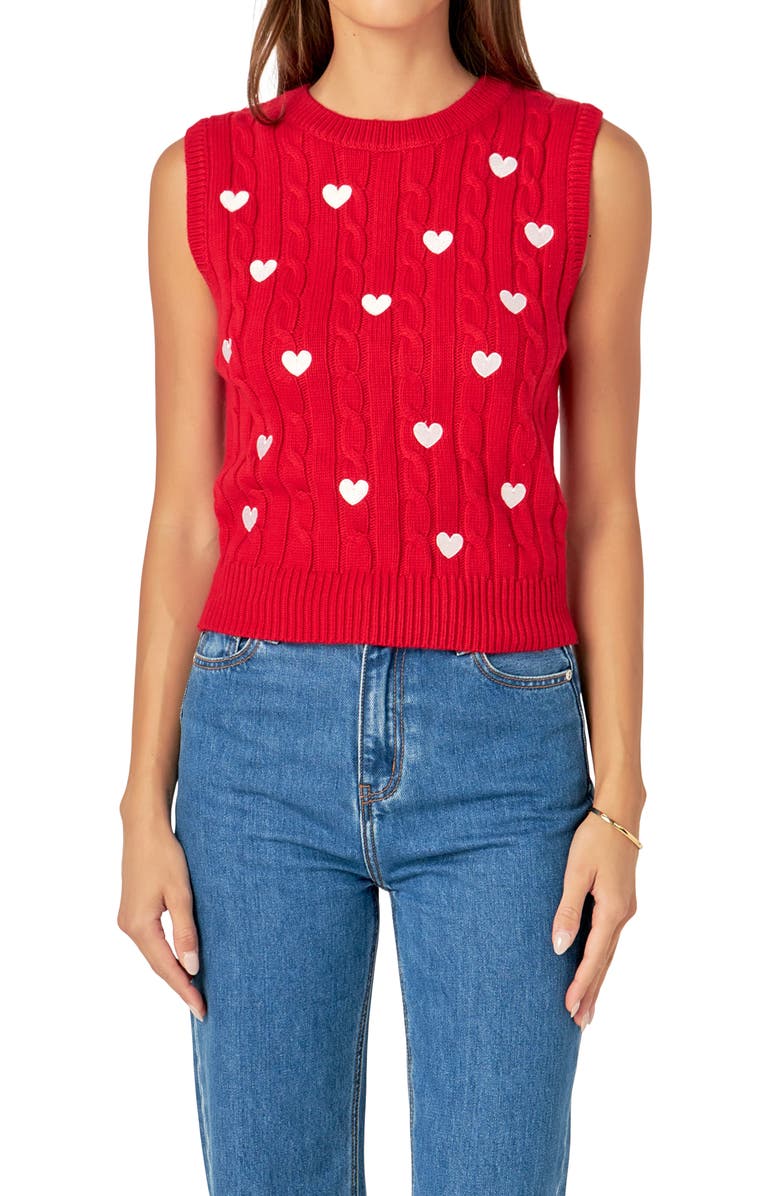 English Factory Heart Embroidered Sleeveless Cable Sweater, Alternate, color, Red