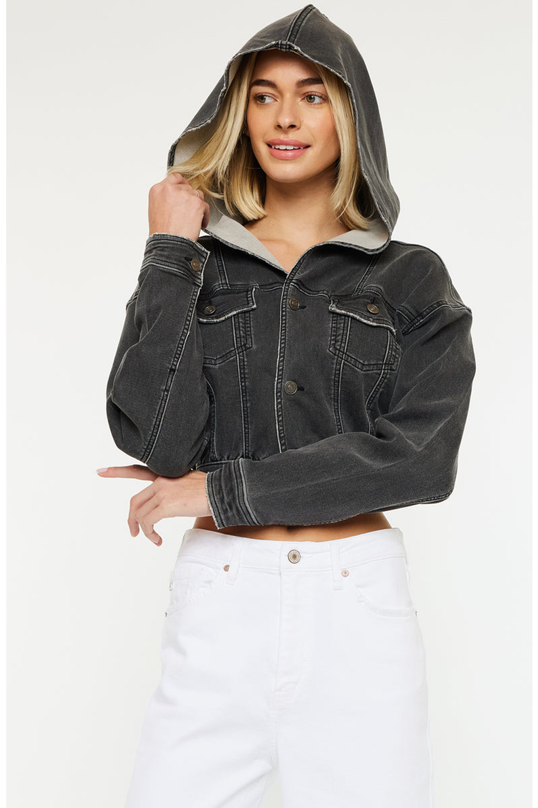 Andie Cropped Hooded Denim Jacket, Main, color, Black Charcoal