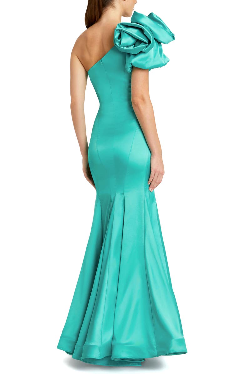 Mac Duggal Satin Mermaid Dramatic Rosette One Shoulder Gown, Alternate, color, Teal