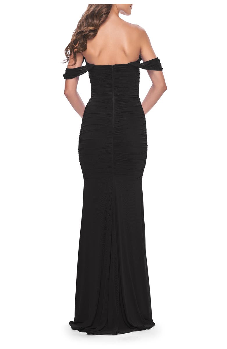 La Femme Off the Shoulder Net Jersey Dress with Ruching, Alternate, color, Black