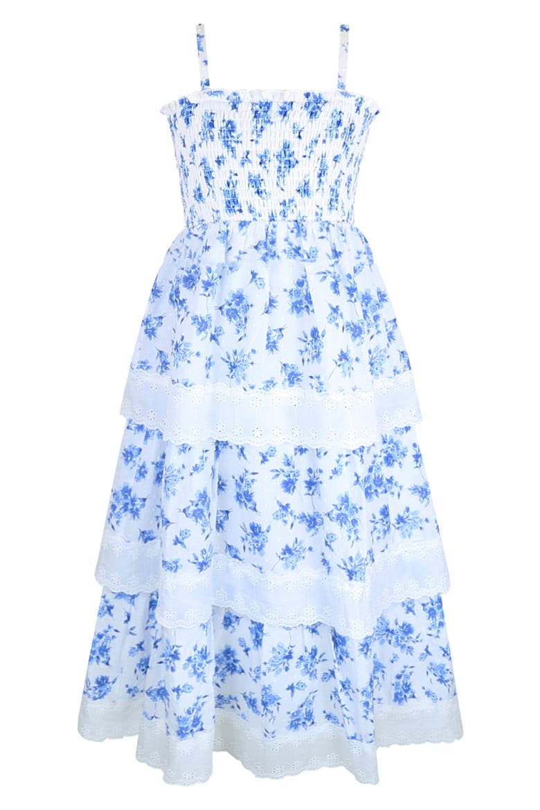 Kids' Smocked Bodice Maxi Dress, Alternate, color, WHITE/ BLUE