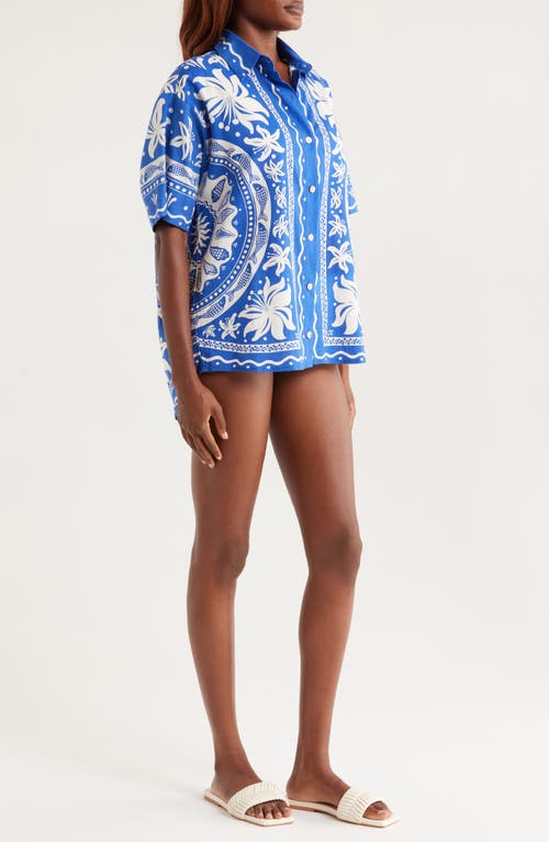 Farm Rio Ocean Oversize Linen Blend Cover-up Button-up Shirt In Blue