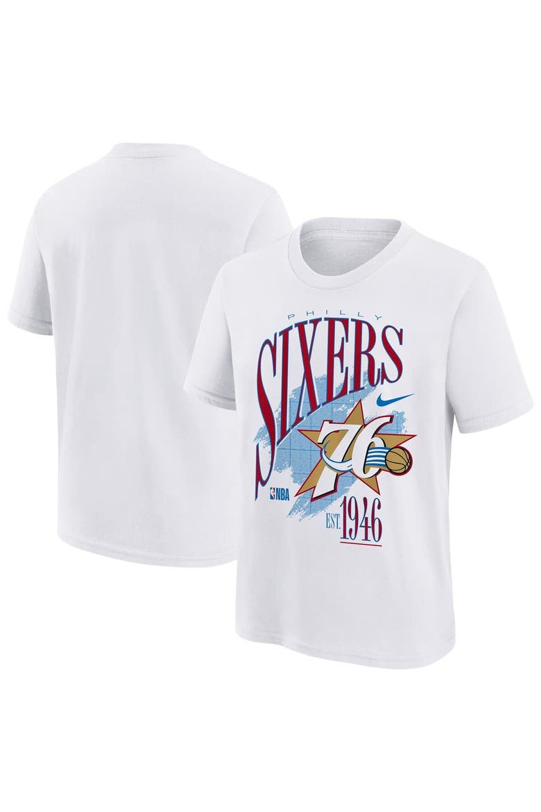 Youth Nike  White Philadelphia 76ers Hardwood Classics Champs Max90 T-Shirt, Main, color, White