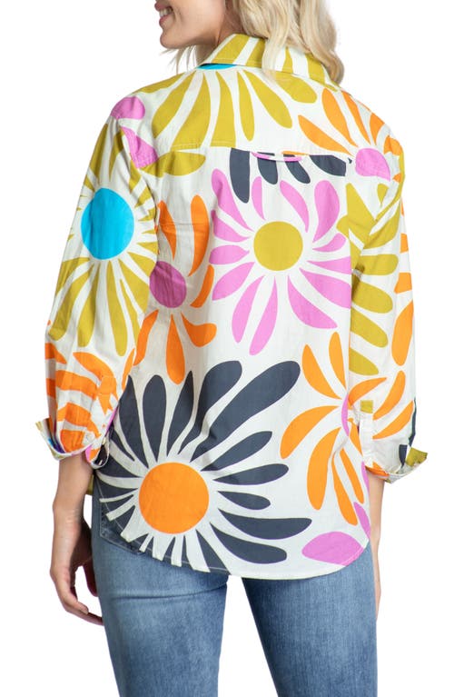 Apny Boyfriend Button Up Top In Sunshine Multi In White/orange Multi