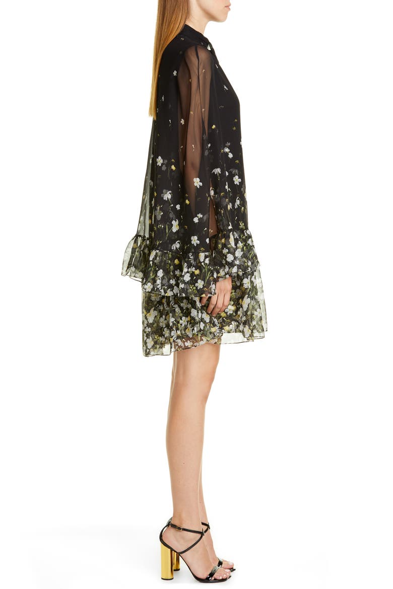 Floral Flounce Cape Sleeve Shift Dress, Alternate, color, BLACK / WHITE