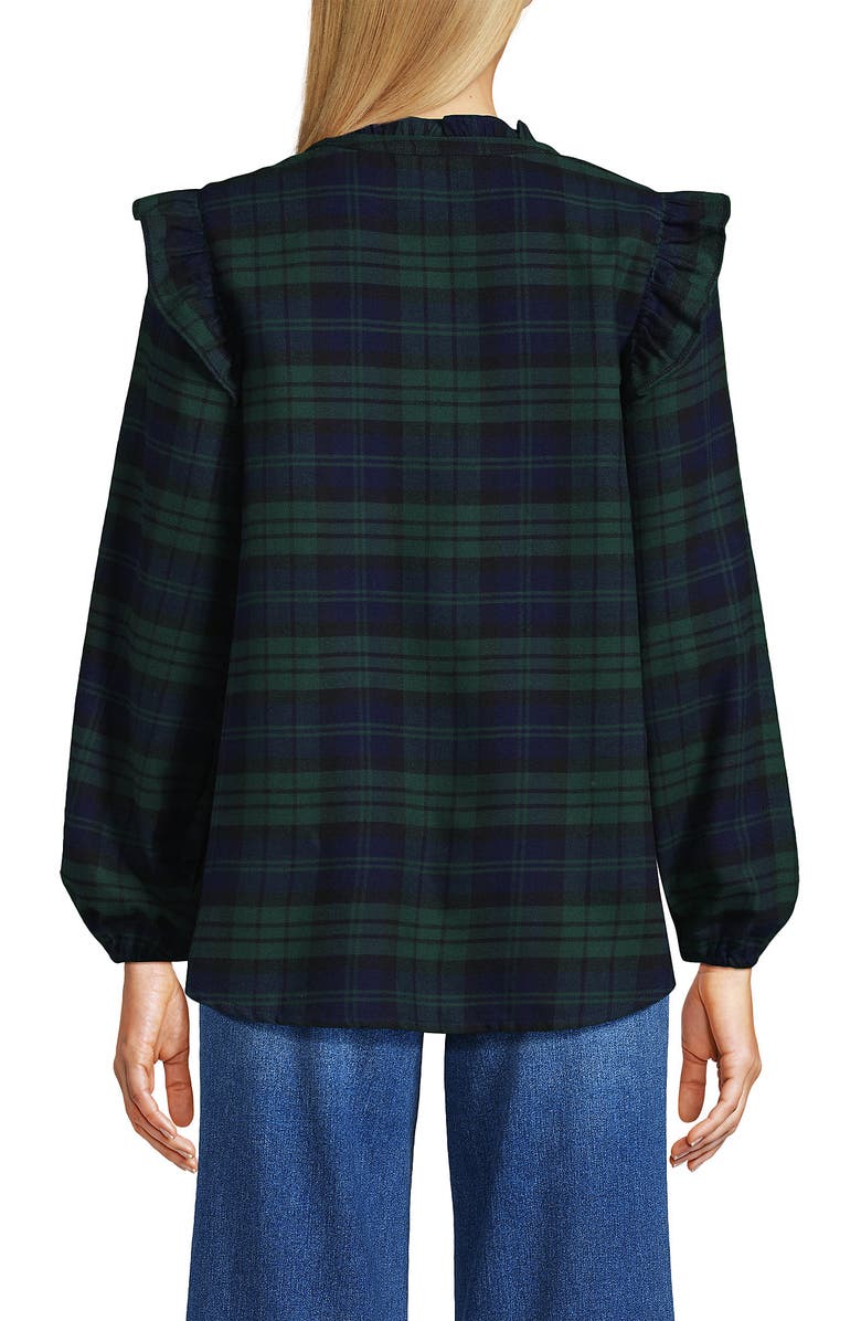Lands' End Ruffle Front Flannel Popover Blouse, Alternate, color, Deep Forest Blackwatch Plaid
