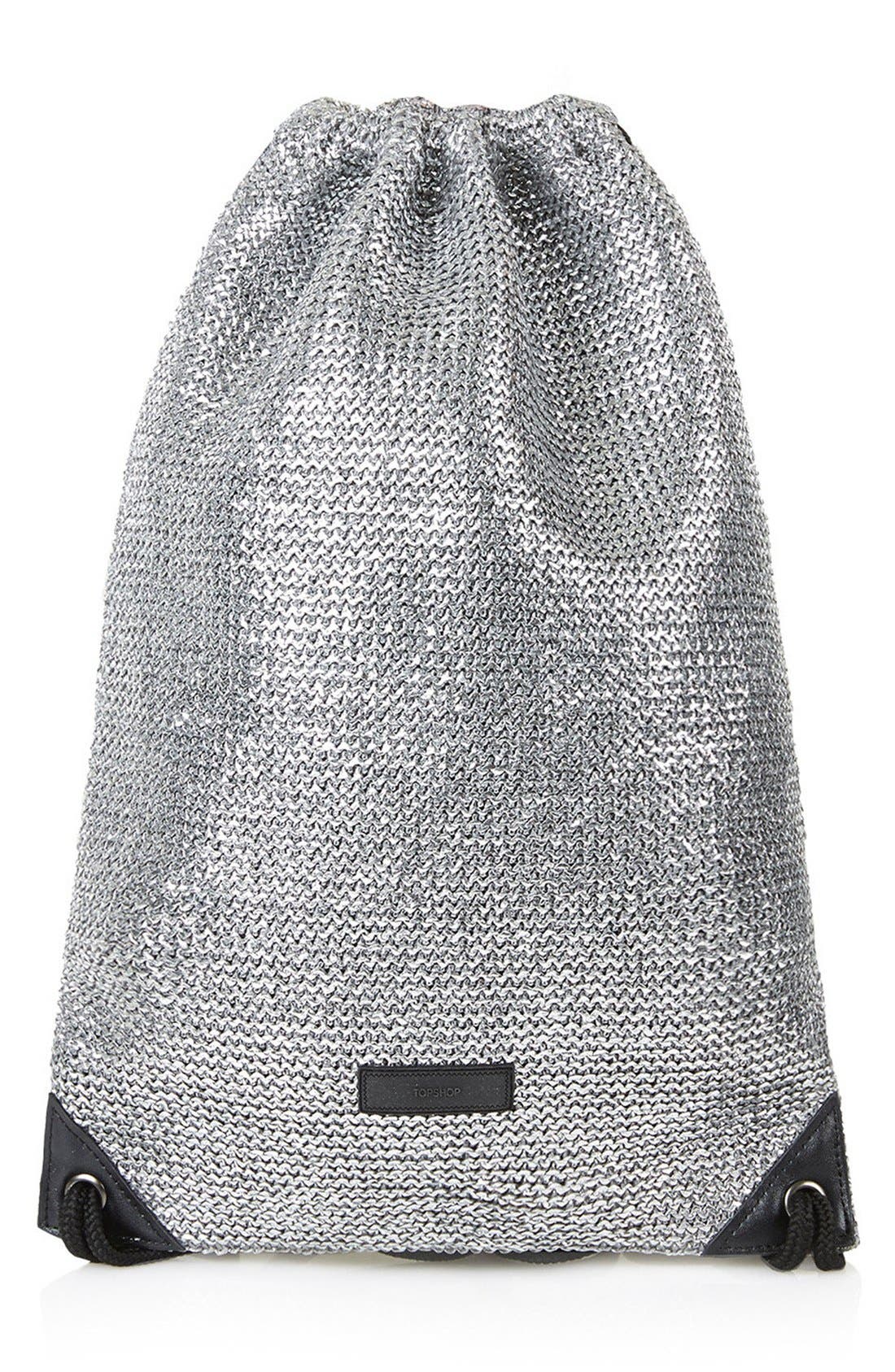 'Metallix' Woven Drawstring Bag, Main, color, SILVER