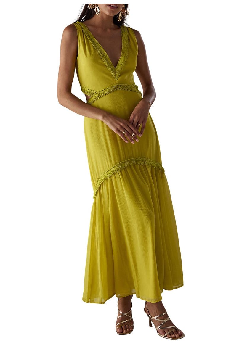 Warehouse Chiffon Fringe Trim Cut Out Maxi Dress, Alternate, color, Chartreuse
