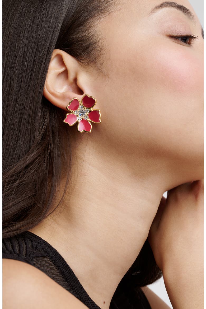 Petinna Painted Flower Stud Earrings, Alternate, color, GOLD TONE / RASPBERRY / CLEAR