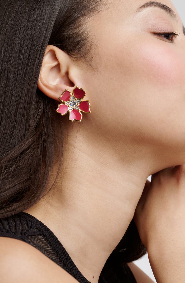 Ted Baker Petinna Painted Flower Stud Earrings, Alternate, color, Gold Tone / Raspberry / Clear