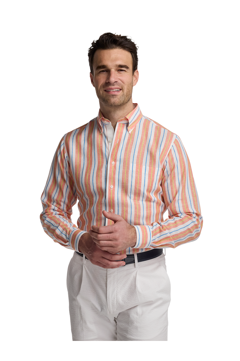Linen Buttondown Collar Poplin Tailored Contrast Trim Button Cuff Long Sleeve, Alternate, color, White Multi