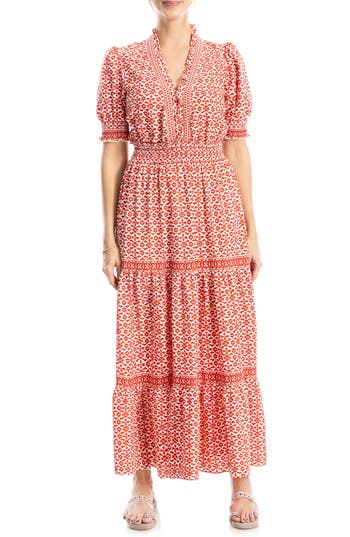 MAX STUDIO MAX STUDIO FLORAL SHORT SLEEVE TIERED MAXI DRESS