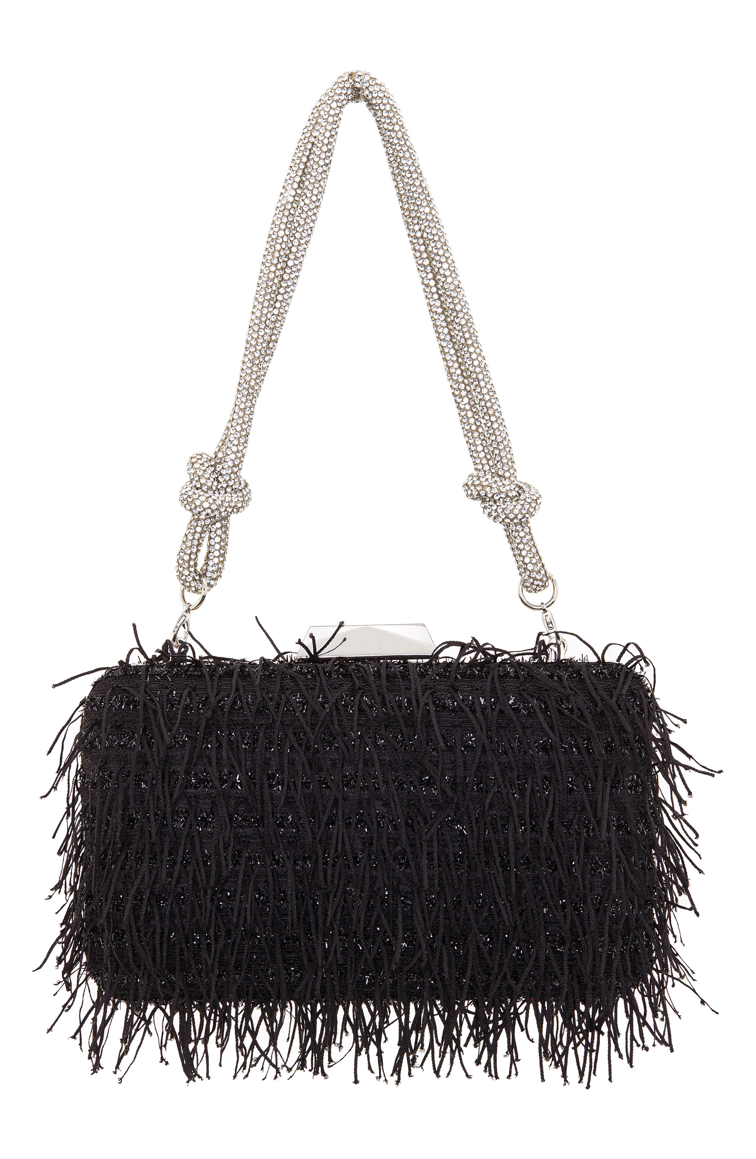 Nina Fringe Crystal Cord Minaudiere, Alternate, color, Black