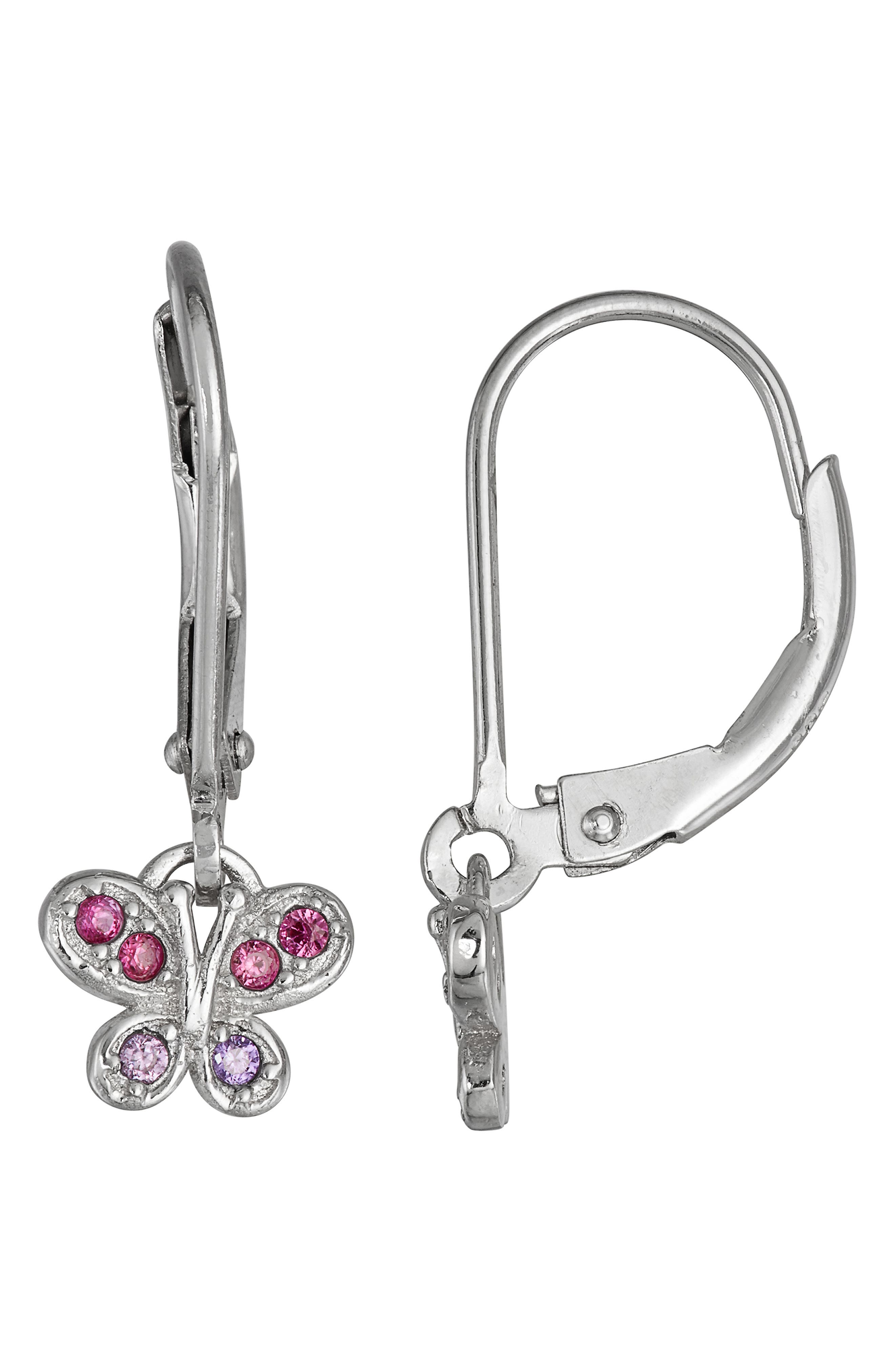 FZN Kids' Sterling Silver CZ Butterfly Drop Earrings