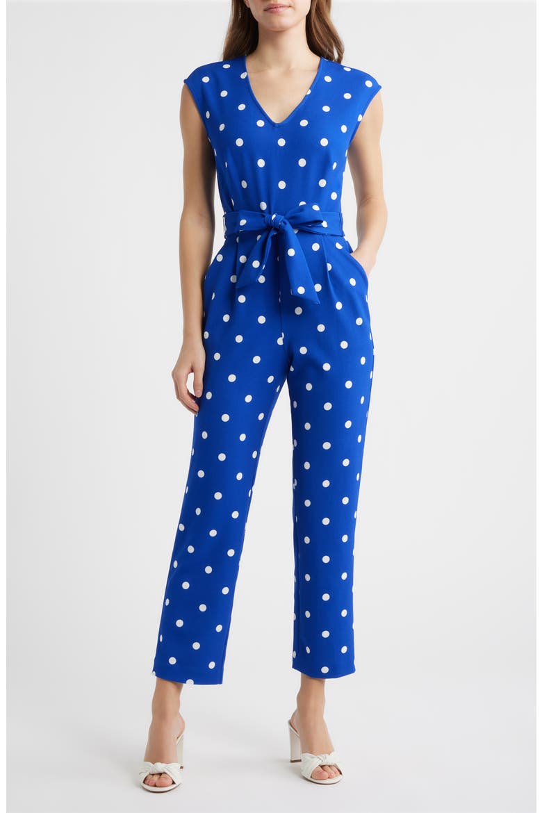 Polka Dot Straight Leg Jumpsuit, Main, color, SANTORINI BLUE / CRISP WHITE