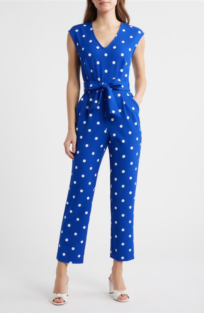AK ANNE KLEIN Polka Dot Straight Leg Jumpsuit, Main, color, Santorini Blue / Crisp White