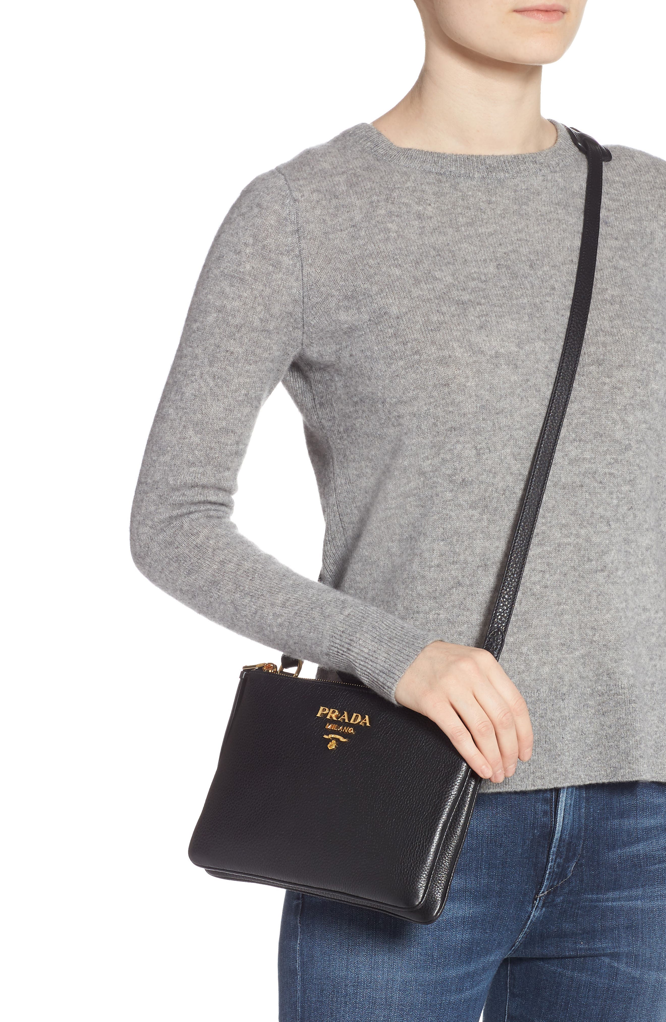 Prada Daino Double Compartment Leather Crossbody Bag, Alternate, color, 