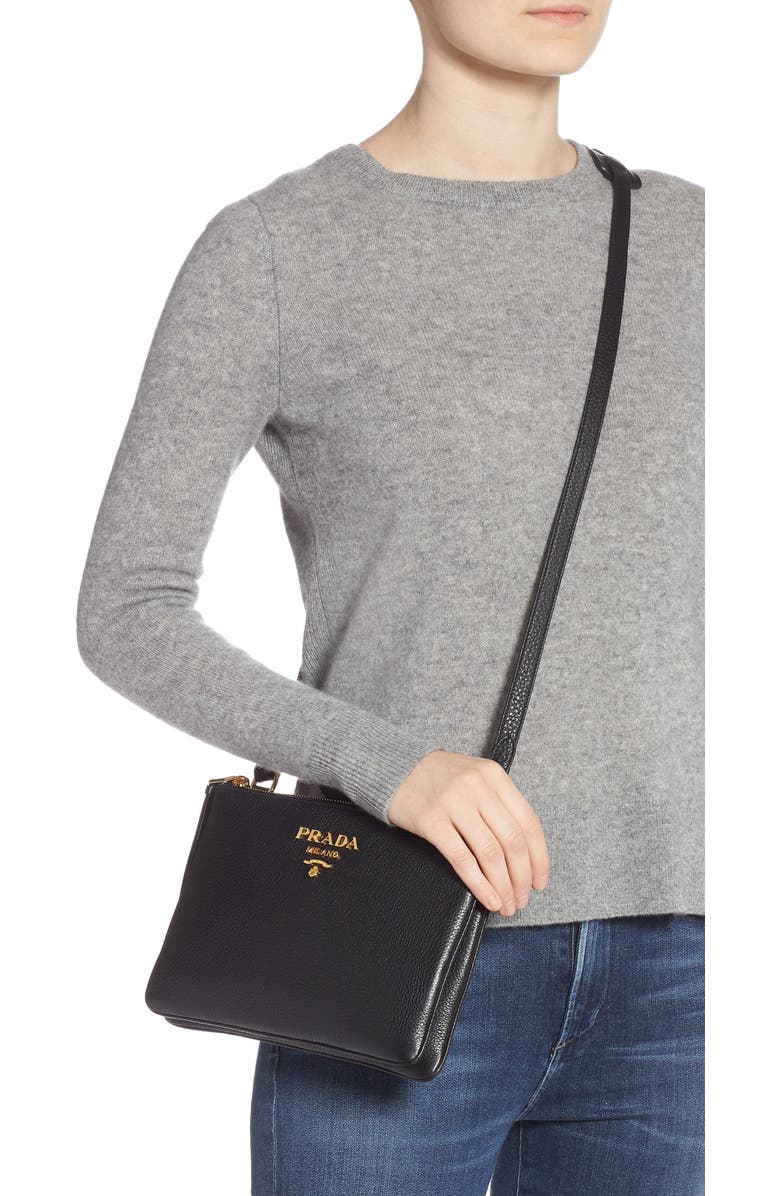 Prada Daino Double Compartment Leather Crossbody Bag, Alternate, color,