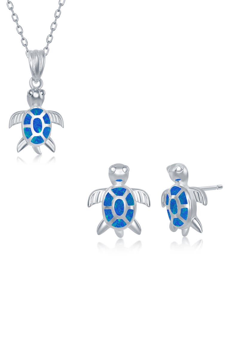 SIMONA Sterling Silver Blue Created Opal Turtle Pendant Necklace & Earrings Set, Main, color, 