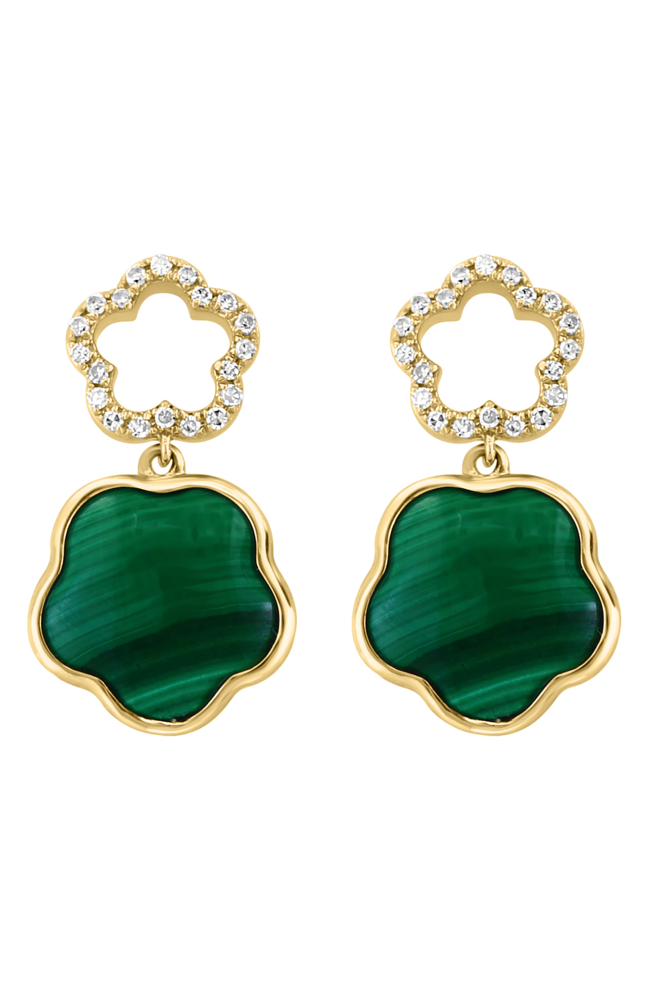 EFFY 14K Gold Diamond & Malachite Clover Drop Earrings
