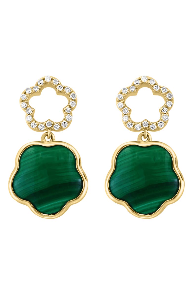 EFFY 14K Gold Diamond & Malachite Clover Drop Earrings, Main, color, 
