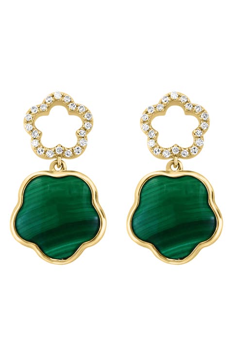 14K Gold Diamond & Malachite Clover Drop Earrings