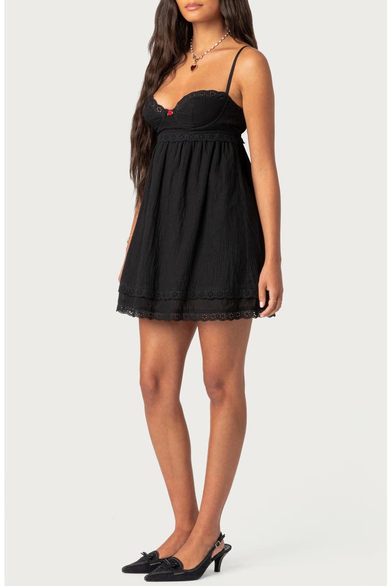 Bonny Eyelet Trim Cotton Babydoll Minidress, Alternate, color, BLACK
