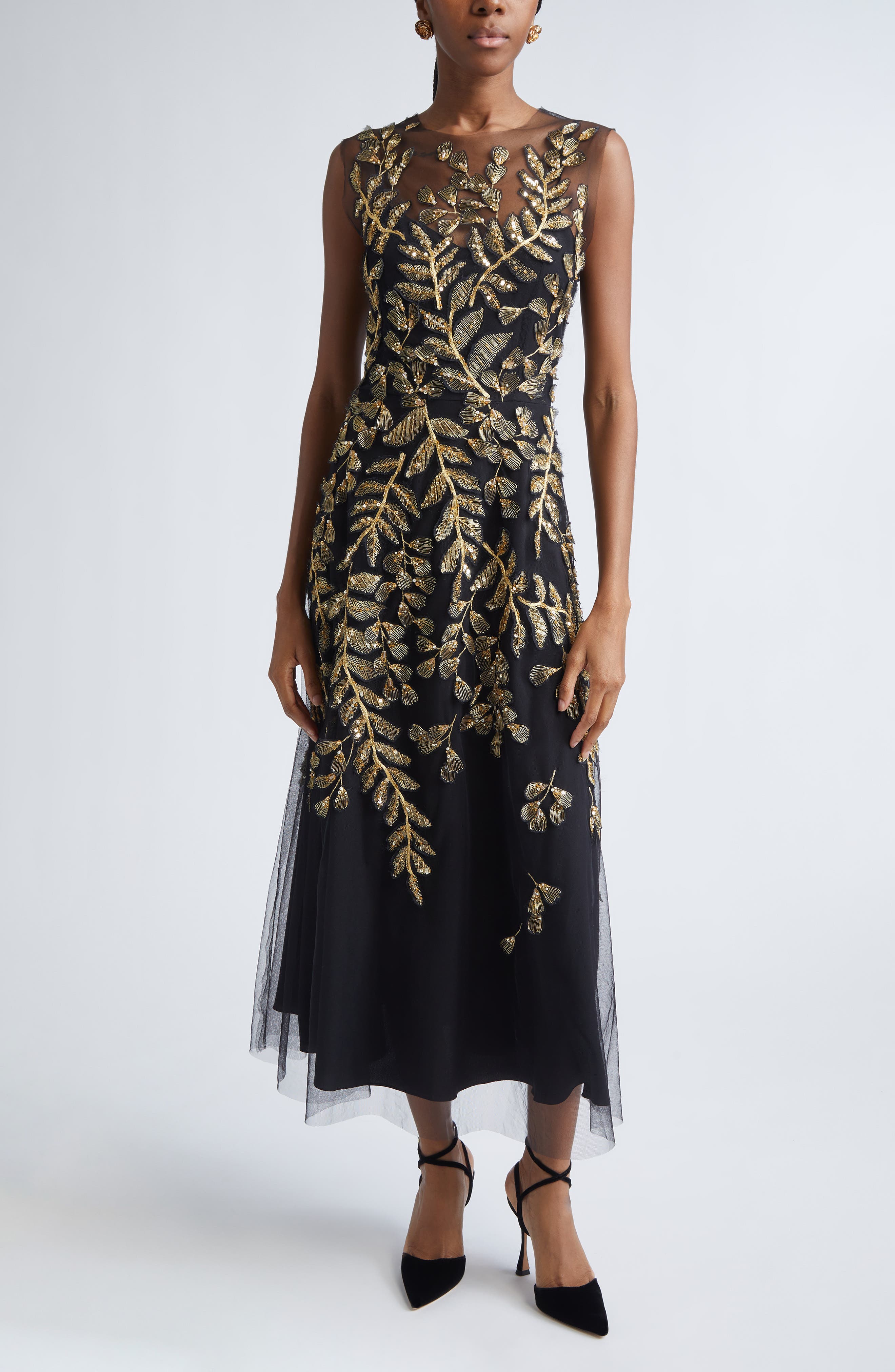 Metallic Leaf Embroidered Tulle Gown
