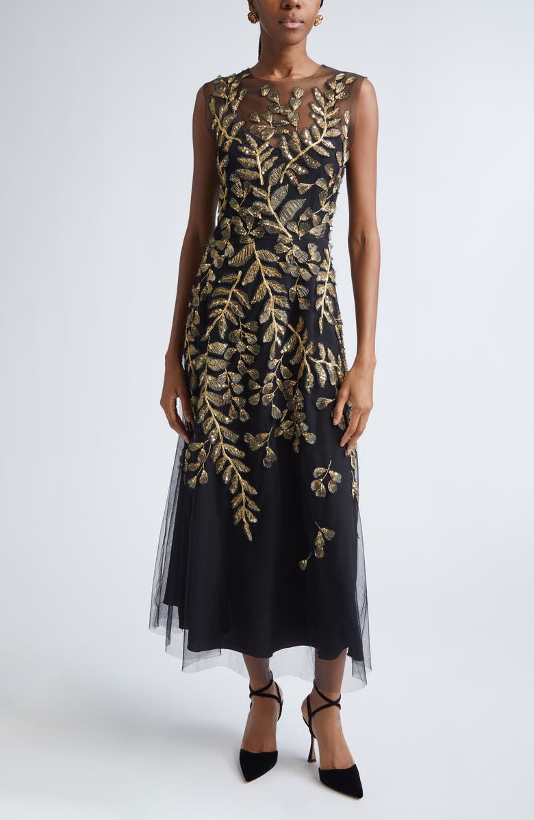 Carolina Herrera Metallic Leaf Embroidered Tulle Gown, Main, color, Black/ Gold
