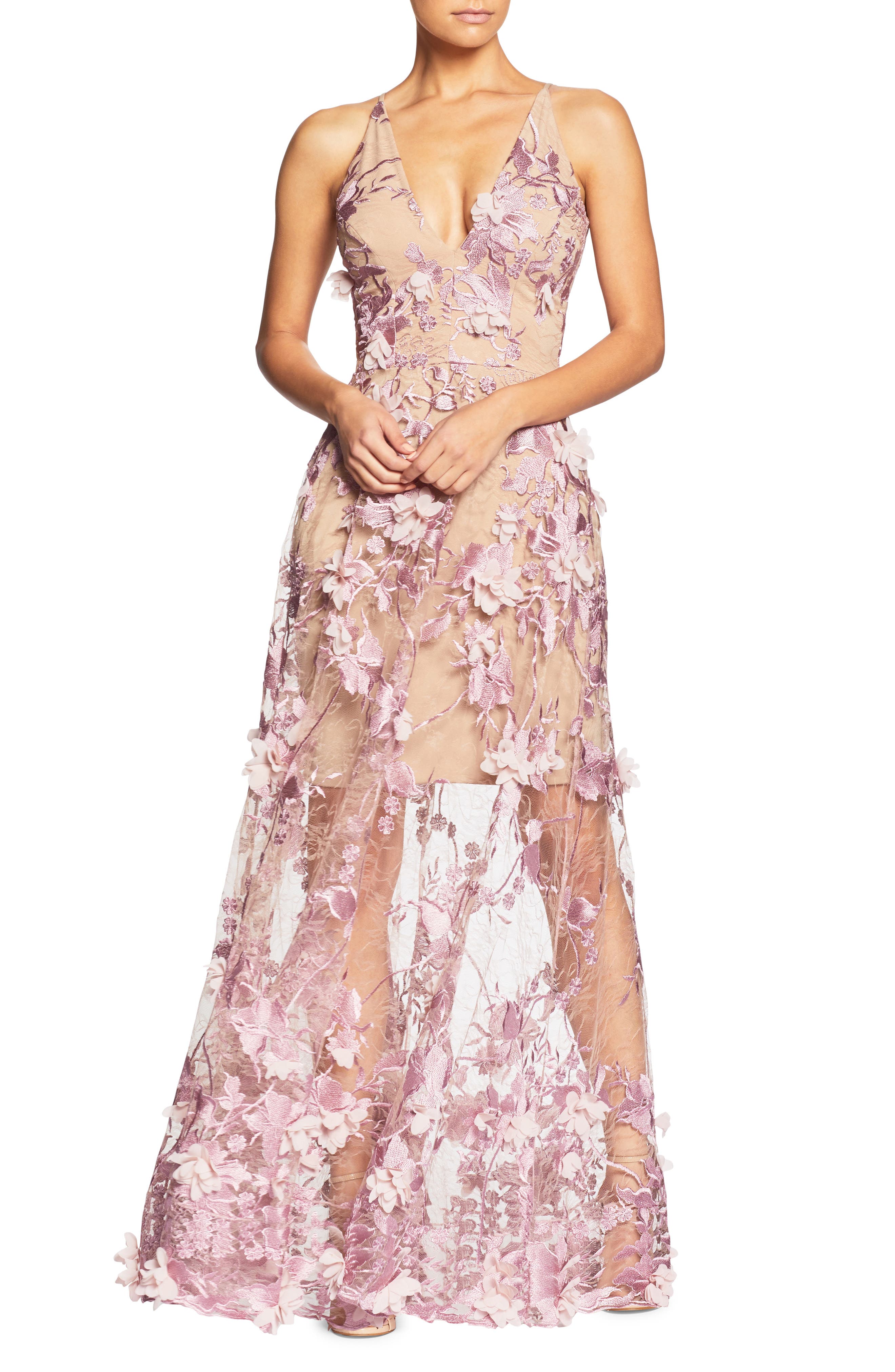 Dress the Population Sidney Deep V-Neck 3D Lace Gown in Lilac/Nude 