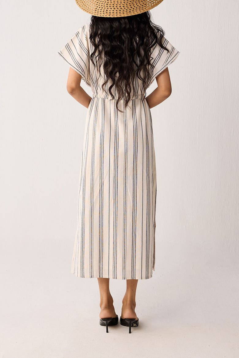 Maxi Gathered Dress with Side Slits in Stripes, Alternate, color, Linear Canvas