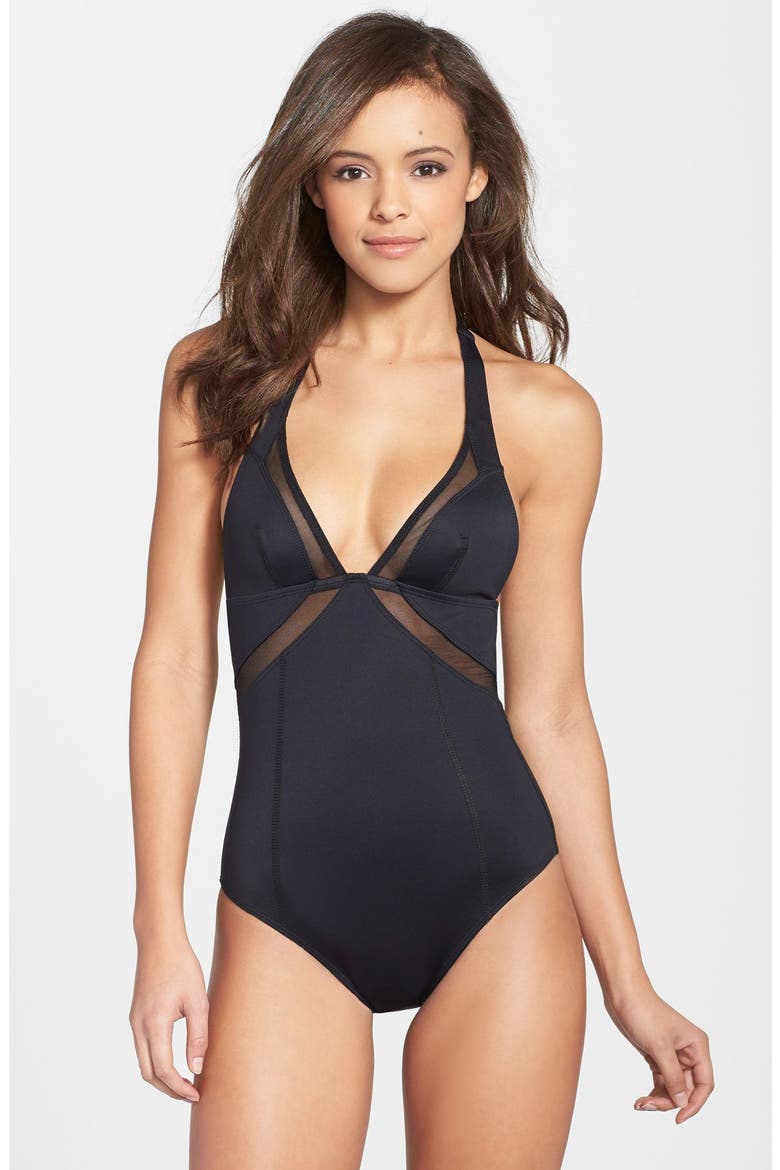'Scuba' Halter One-Piece Swimsuit, Main, color, BLACK