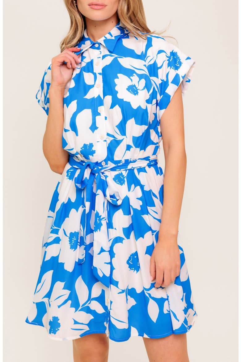 Tie Waist Button-Up Minidress, Alternate, color, BLUE/ IVORY