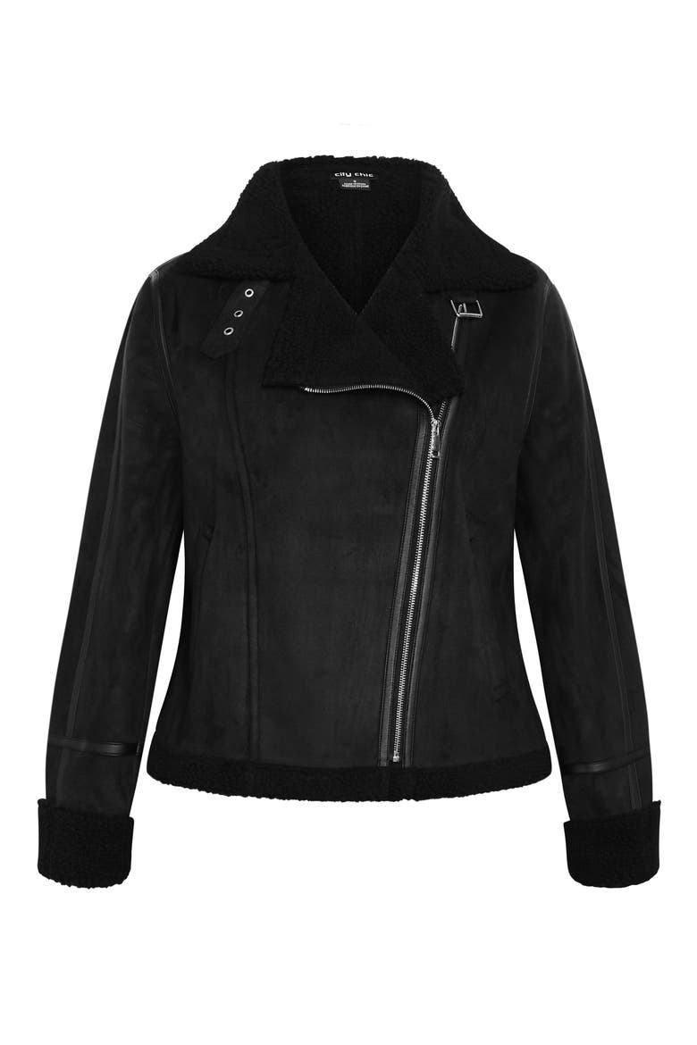 Madilyn Faux Shearling Moto Jacket, Alternate, color, BLACK
