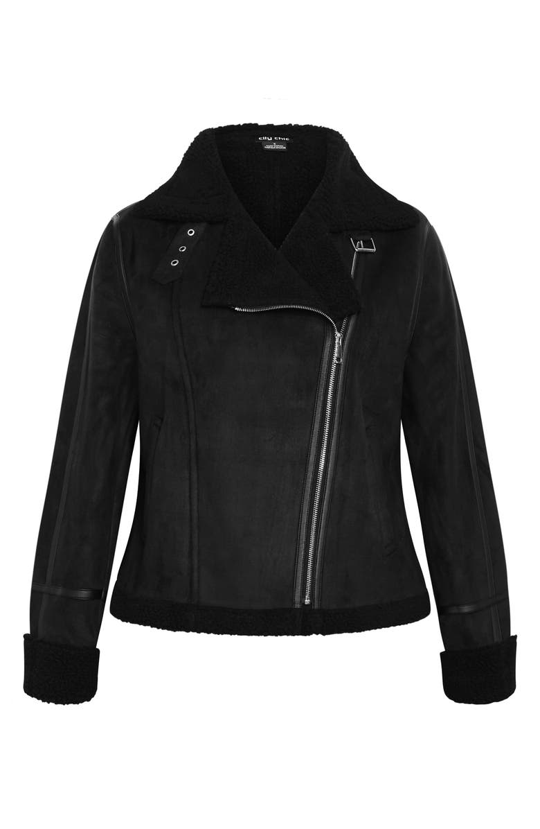 City Chic Madilyn Faux Shearling Moto Jacket, Alternate, color, Black