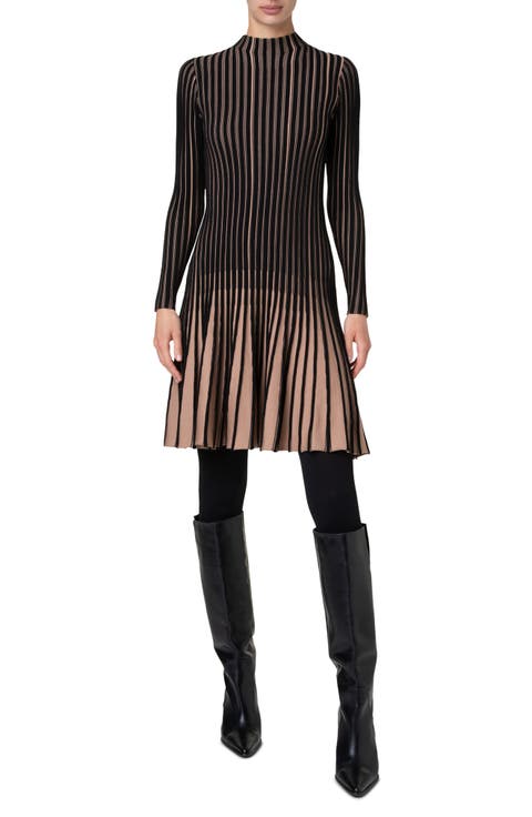 Stripe Long Sleeve Merino Wool Rib Sweater Dress