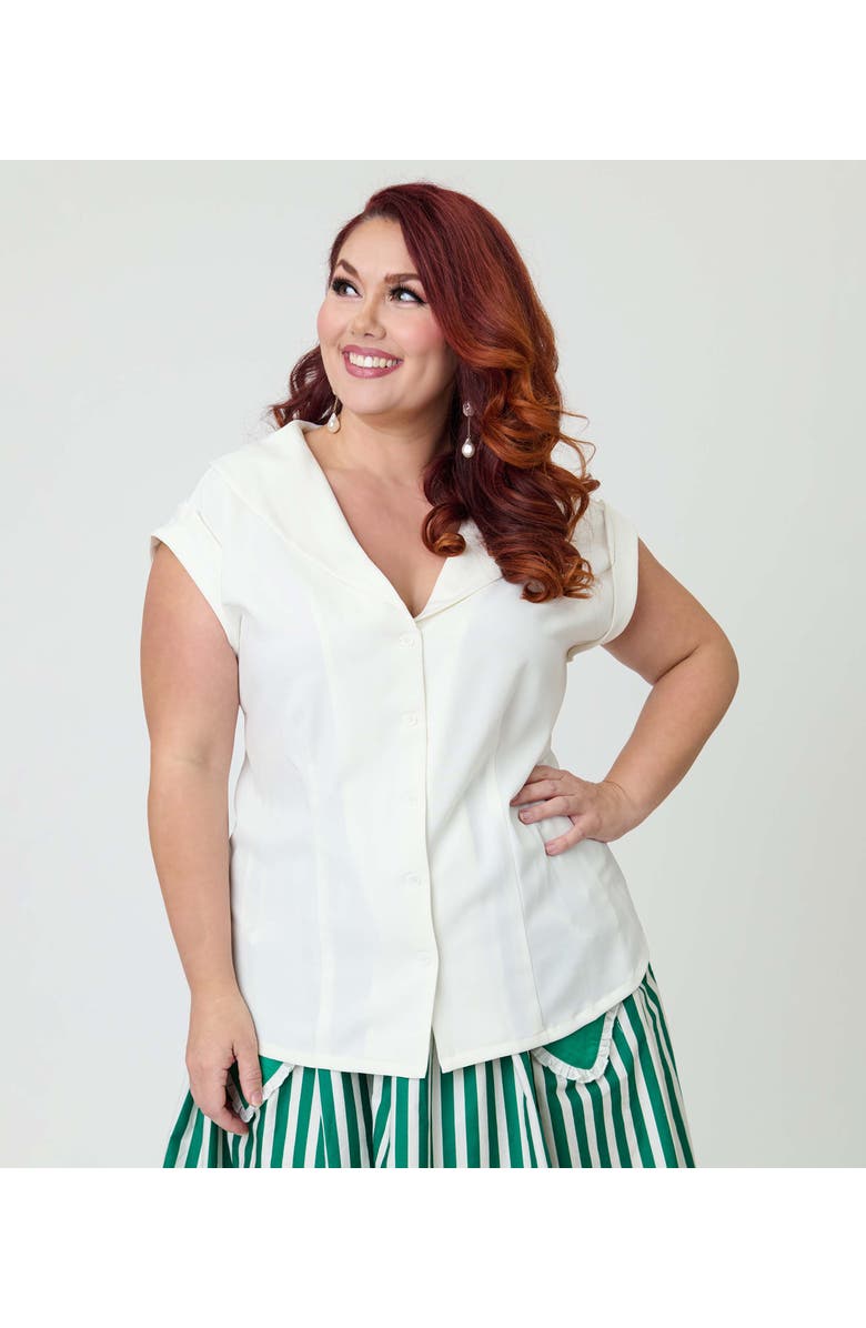 Unique Vintage Plus Size 1960s Twill Sleeveless Blouse, Alternate, color, Solid White
