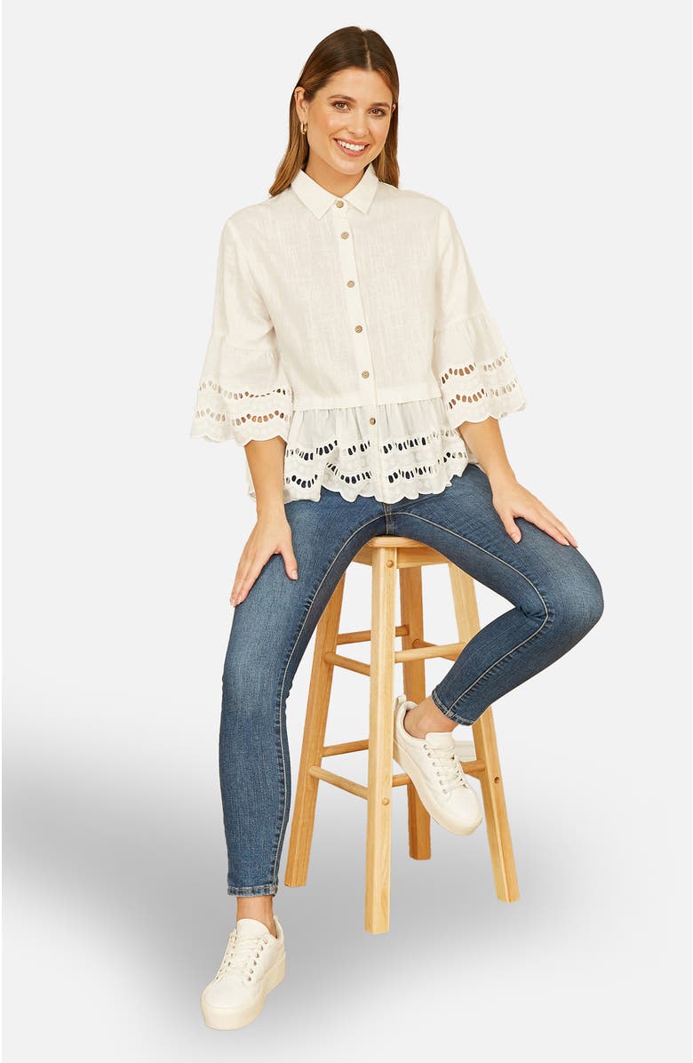 Yumi 34 Sleeve Relaxed Scallop Trim Shirt, Alternate, color, White