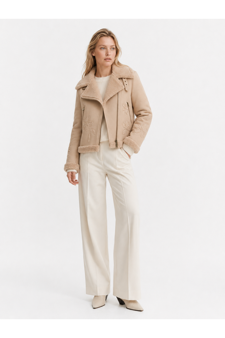 Eco Embroidered Merino Curly Shearling Biker Jacket, Alternate, color, Chalk