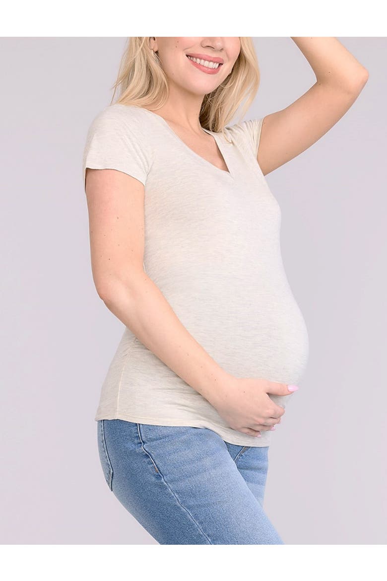 V-Neck Side-Ruched Maternity Short Sleeve Tee, Alternate, color, Heather Oatmeal