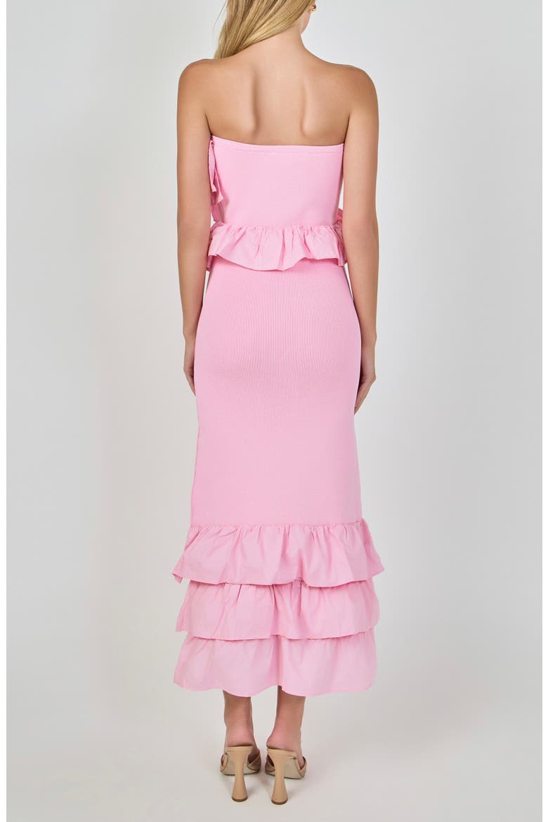 Ruffle Detail Mixed Media Strapless Dress, Alternate, color, BABY PINK