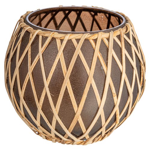 Storied Home Glass Votive Holder With Woven Rattan Sleeve In Brown