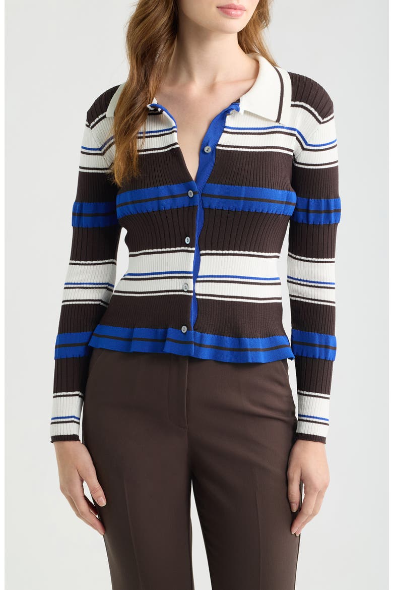 Patti Stripe Polo Cardigan, Main, color, CHOCOLATE W/ ECRU BLUE STRIPES