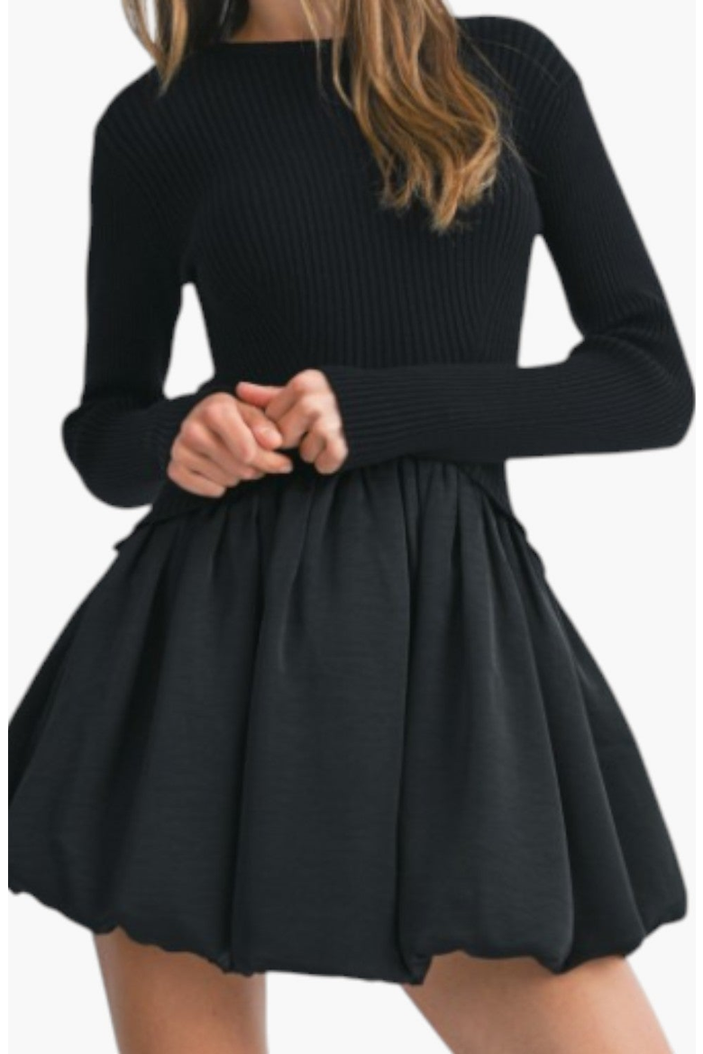 Knit and Woven Fit-and-Flare Mini Dress with Ribbed Long Sleeve Top, Alternate, color, Black